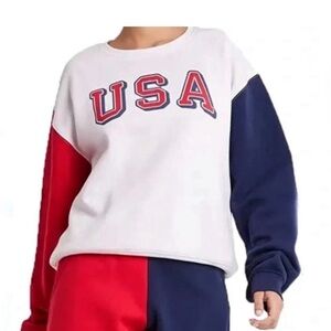 Modern Lux USA Patriotic Color Block Red White & Blue Crewneck Sweatshirt Sz L
